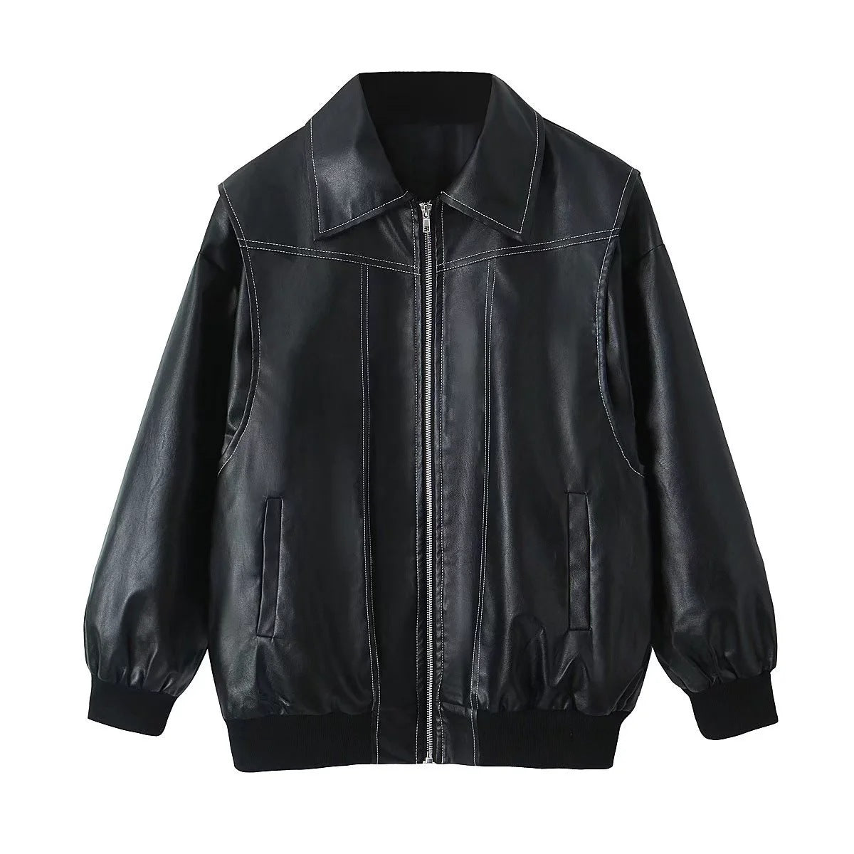 Women's Moto Biker Leather Jacket – Loose Fit, Lapel Collar, Zip-Up, Long Sleeve - 3KDyn